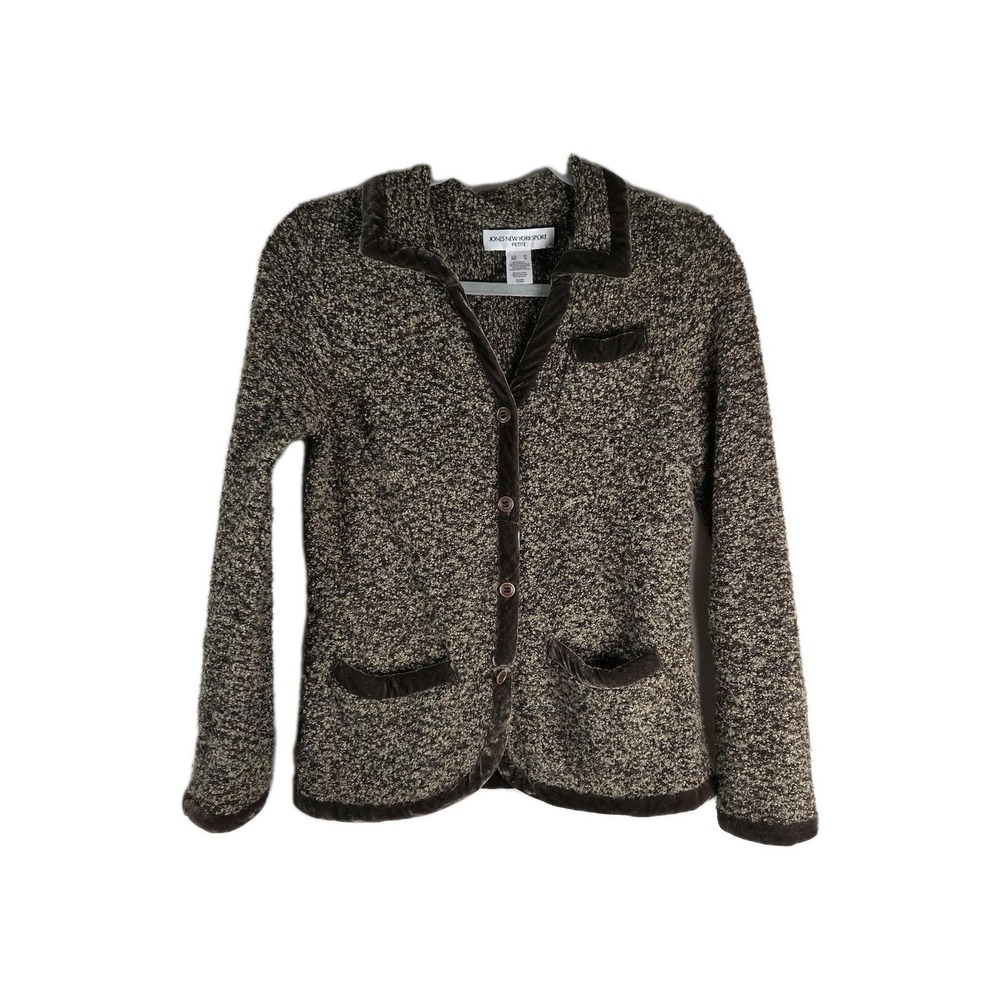 Jones New York Sport Petite Brown Marled Sweater Blazer Velvet Trim Button Cardi